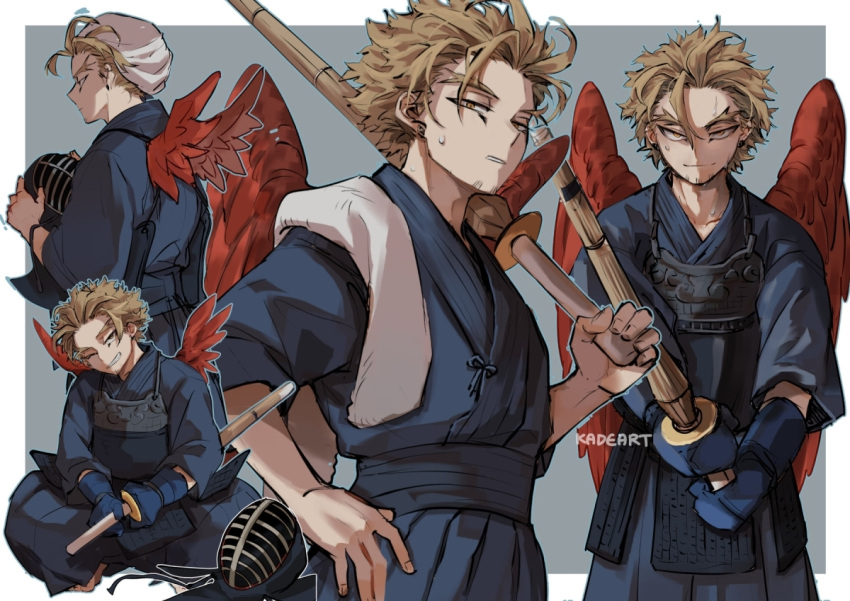 1boy artist_name barefoot blonde_hair boku_no_hero_academia border bougu clenched_teeth closed_eyes collarbone commentary cowboy_shot gloves grey_background grin hawks_(boku_no_hero_academia) holding japanese_clothes jewelry kadeart kendo kendo_mask long_sleeves looking_at_viewer male_focus multiple_views open_mouth over_shoulder red_wings shinai smile squatting sweat sword teeth tenugui towel weapon weapon_over_shoulder white_border wings yellow_eyes