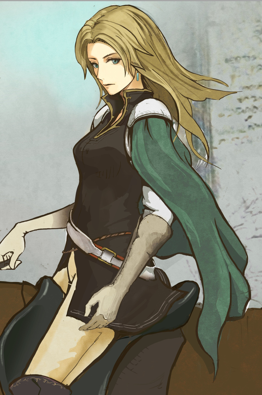 1girl absurdres armor bachium belt black_shirt blonde_hair blurry blurry_background boots breasts buckle cape celina_(fire_emblem) commentary_request cowboy_shot earrings elbow_gloves fire_emblem fire_emblem:_the_sacred_stones gloves gold_trim green_cape green_eyes highres holding holding_reins horse horseback_riding jewelry knee_boots looking_down medium_breasts pants pauldrons reins riding saddle serious shadow shirt shoulder_armor solo wall white_belt yellow_pants