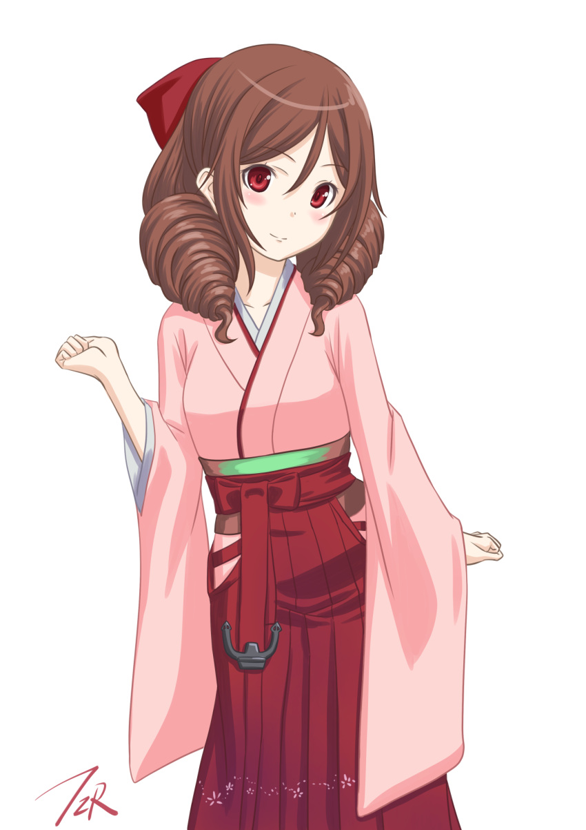 1girl artist_logo bow brown_hair drill_hair hair_bow hakama harukaze_(kantai_collection) highres japanese_clothes kantai_collection kimono leaning_forward looking_at_viewer meiji_schoolgirl_uniform pink_kimono red_bow red_eyes red_hakama simple_background solo t2r twin_drills white_background