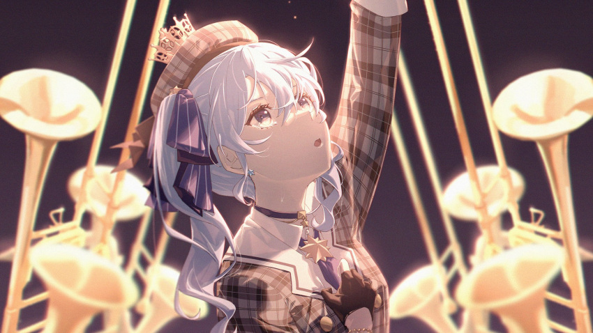1girl blue_eyes blue_hair blurry blurry_background choker crown depth_of_field earrings gloves grey_jacket hair_between_eyes half_gloves hand_up hat highres hololive hoshimachi_suisei instrument jacket jewelry long_sleeves necktie outstretched_arm parted_lips partially_fingerless_gloves purple_choker solo star_(symbol) star_in_eye symbol_in_eye tuba twintails upper_body whitem_(whiteemperor2020)