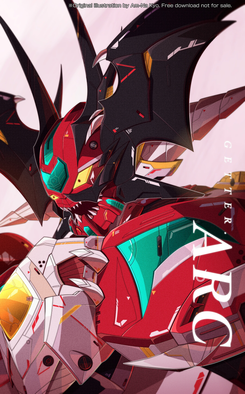 absurdres azzalea character_name close-up english_commentary getter_arc getter_robo getter_robo_arc highres looking_down mecha no_humans open_mouth science_fiction sharp_teeth solo super_robot teeth watermark yellow_eyes