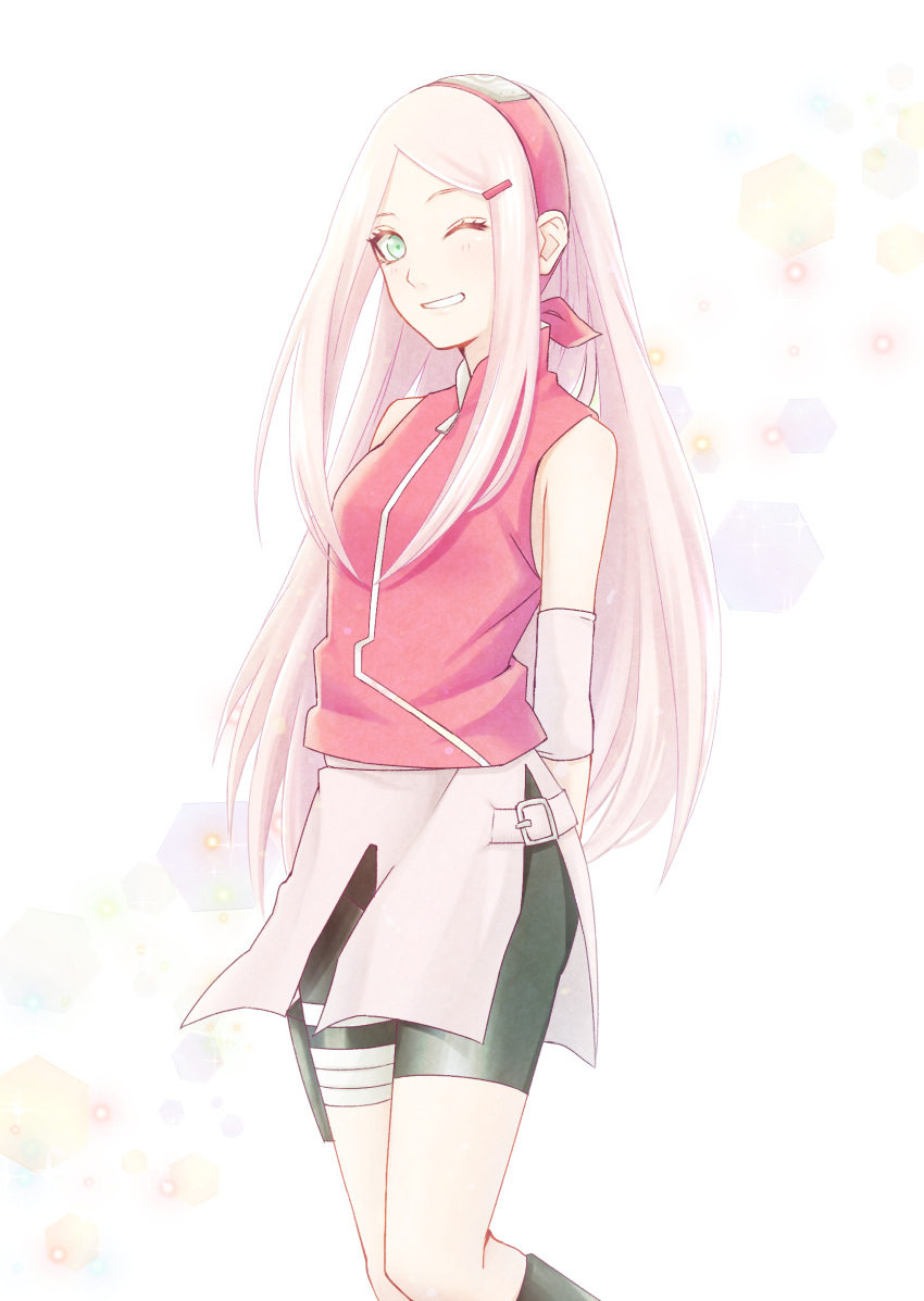 1girl blush green_eyes grin haruno_sakura highres long_hair naruto naruto_(series) ninja one_eye_closed pink_hair smile solo white_background