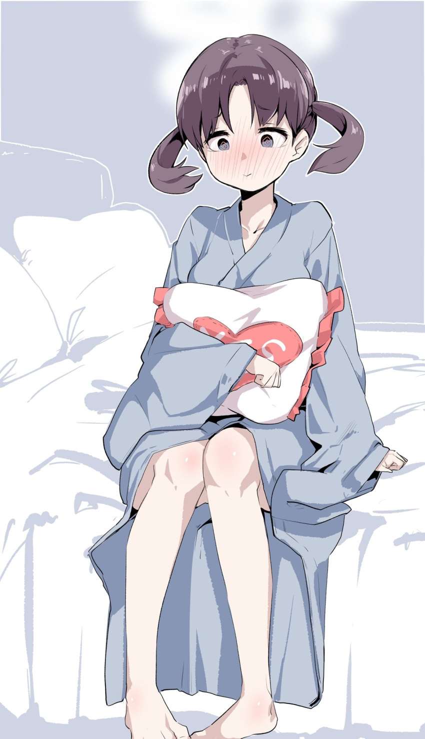 1girl @_@ bangs barefoot bathrobe blush break761 brown_eyes brown_hair closed_mouth commentary_request eyebrows_visible_through_hair full-face_blush grey_background hanada_kirame head_steam highres holding holding_pillow long_sleeves looking_at_viewer on_bed outline parted_bangs partial_commentary pillow saki saki_achiga-hen short_hair sitting sitting_on_bed smile solo twintails white_outline yes yes-no_pillow