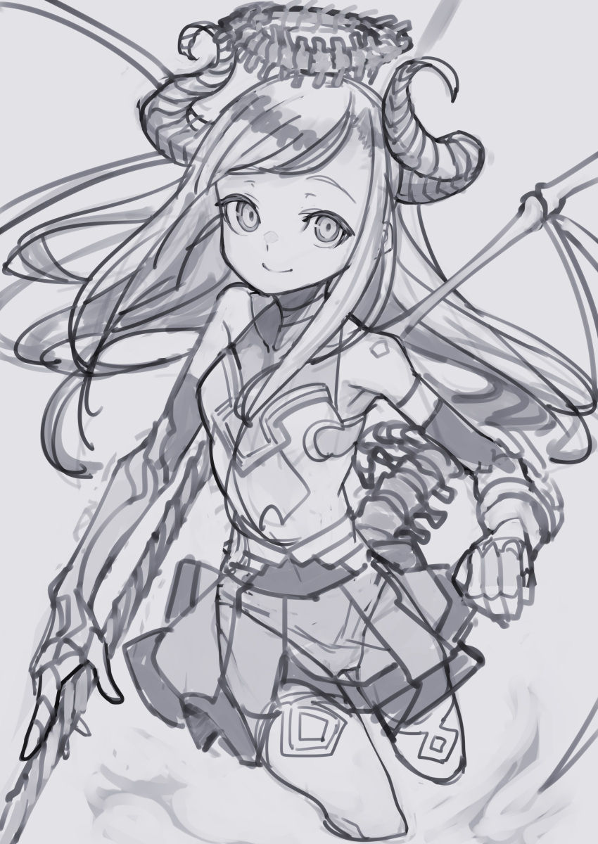 1girl absurdres bare_shoulders closed_mouth collarbone covered_collarbone demon_girl demon_horns demon_wings elbow_gloves gloves greyscale halo highres holding holding_polearm holding_weapon horns izayoi_cha long_hair monochrome original polearm skeletal_wings sketch skirt smile solo spine tail thigh-highs weapon wings