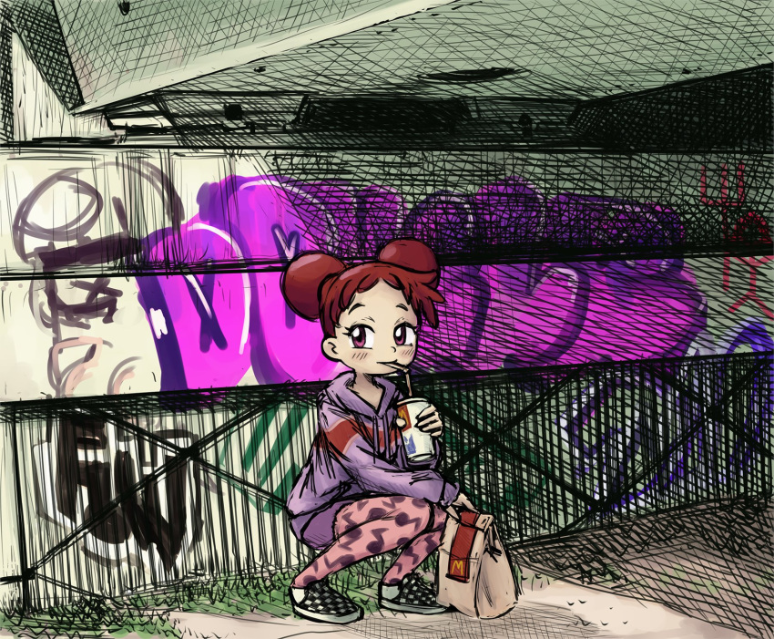 bag drinking graffiti harukaze_doremi hoodie mcdonald's ojamajo_doremi paper_bag shrums squatting under_bridge