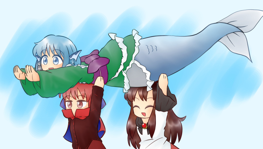 3girls arms_up blue_background blue_eyes blue_hair brooch brown_hair brown_shirt cape chibi closed_eyes commentary_request gradient gradient_background grass_root_youkai_network green_kimono head_fins imaizumi_kagerou japanese_clothes jewelry kimono lifting_person long_hair long_sleeves looking_to_the_side mermaid monster_girl multiple_girls obi open_mouth outstretched_arms red_eyes redhead sash sekibanki shawl shirt short_hair short_kimono standing touhou upper_body very_long_hair wakasagihime white_shirt yukimuro