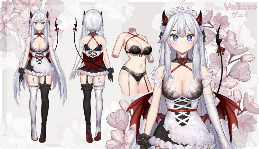 1girl alternate_costume bangs black_bra black_gloves bra breasts character_sheet cropped_arms cropped_legs demon_girl demon_horns demon_tail demon_wings elbow_gloves english_commentary flower gloves highres horns indie_virtual_youtuber maid maid_headdress medium_breasts mismatched_gloves mixed-language_commentary multiple_views navel neonbeat official_alternate_costume official_art open_hands pointy_ears single_elbow_glove succubus tail thigh-highs underwear vei_(vtuber) virtual_youtuber white_gloves wings