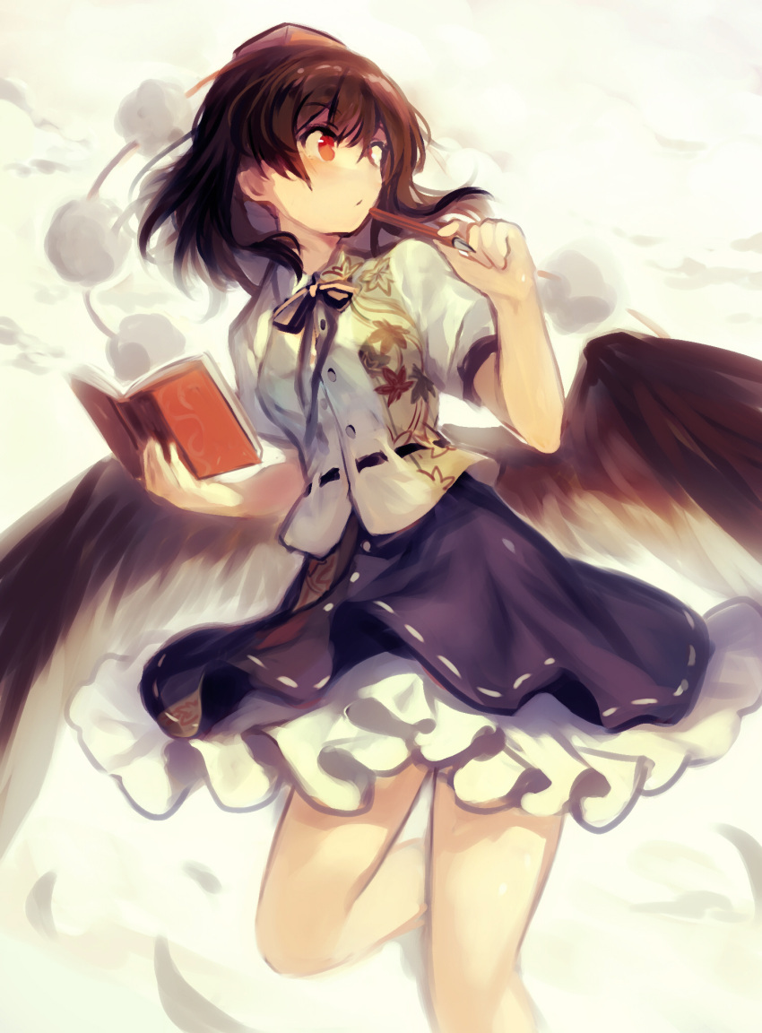 1girl bangs bird_wings black_hair black_ribbon black_skirt black_wings book breasts buttons collared_shirt dress_shirt eyebrows_visible_through_hair feathered_wings fuupu hair_between_eyes hat highres holding holding_book holding_pen leaf_print leg_up looking_away maple_leaf_print medium_breasts medium_hair notebook open_book orange_eyes pen red_headwear ribbon ribbon-trimmed_clothes ribbon-trimmed_skirt ribbon_trim shameimaru_aya shirt short_sleeves skirt solo tokin_hat touhou white_shirt wings