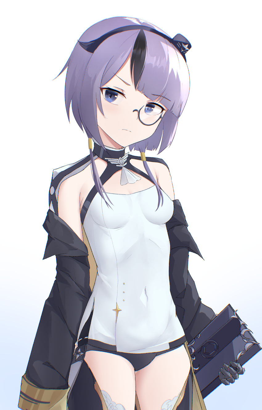 1girl absurdres azur_lane bangs bearn_(azur_lane) black_hair blue_eyes blue_hair breasts closed_mouth commentary covered_navel cowboy_shot danraz0r eyebrows_visible_through_hair folder frown gradient gradient_background hairband hat head_tilt highres holding_folder jacket looking_at_viewer mini_hat monocle multicolored_hair off-shoulder_jacket off_shoulder parted_bangs short_hair sidelocks simple_background small_breasts solo standing streaked_hair