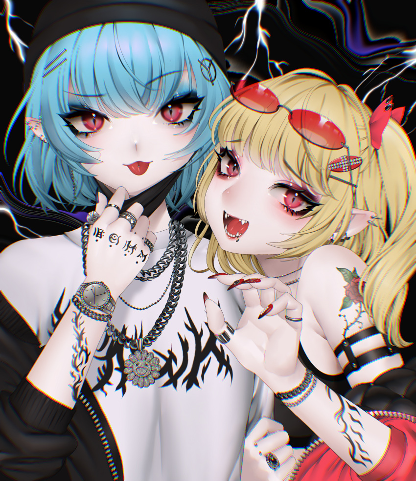 2girls alternate_costume arm_tattoo armpit_crease armpit_peek bangs bare_shoulders bitaro black_jacket blonde_hair blue_hair chain claw_pose commentary_request contemporary ear_piercing eyebrows_visible_through_hair eyelashes eyeshadow fangs fingernails flandre_scarlet flower flower_necklace hair_ornament hair_ribbon hairpin hand_tattoo hand_up hat head_tilt highres jacket jewelry lightning lip_piercing long_fingernails looking_at_viewer makeup mask mask_pull mask_removed multiple_girls nail_polish necklace off_shoulder one_side_up open_mouth outstretched_hand piercing pointy_ears raised_eyebrow red-tinted_eyewear red_eyes red_nails red_ribbon remilia_scarlet ribbon ring rose sharp_fingernails shirt short_hair shoulder_strap shoulder_tattoo siblings sidelocks sisters smile tattoo tongue tongue_out tongue_piercing touhou upper_body watch watch white_shirt wristband
