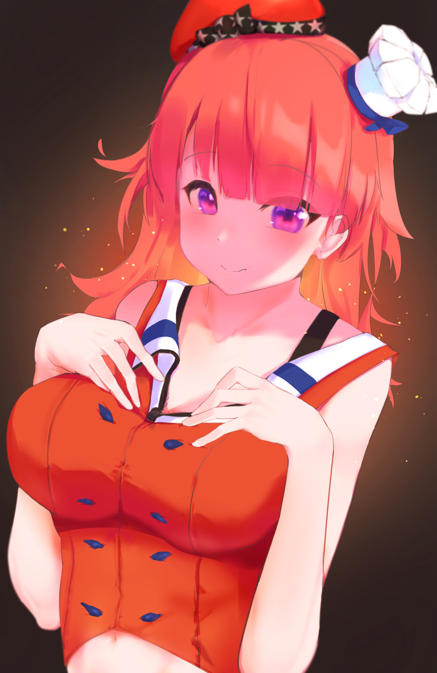 1girl absurdres bangs breast_press breasts chef_hat collarbone eyebrows_visible_through_hair gradient gradient_background hands_on_own_chest hat highres hololive hololive_english looking_at_viewer medium_breasts orange_hair orange_headwear smile solo symbol_commentary takanashi_kiara violet_eyes virtual_youtuber wanghua white_headwear