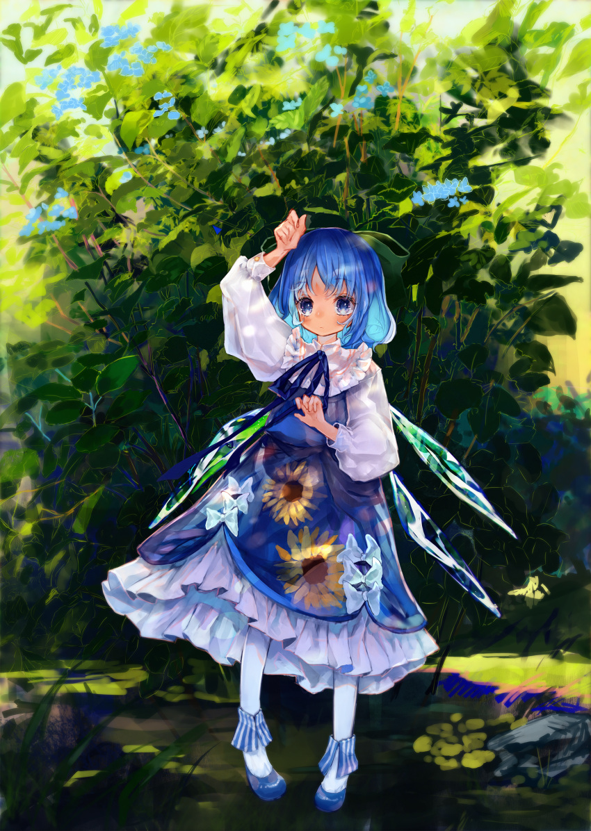1girl absurdres adapted_costume blue_dress blue_eyes blue_footwear blue_hair blue_neckwear bow cirno commentary_request day detached_wings dress floral_print flower full_body green_background green_bow hair_bow hand_up highres ice ice_wings long_sleeves neck_ribbon outdoors pantyhose plant puffy_sleeves ribbon shirt shoes short_hair solo sunflower_print touhou white_legwear white_shirt wings zhu_xiang