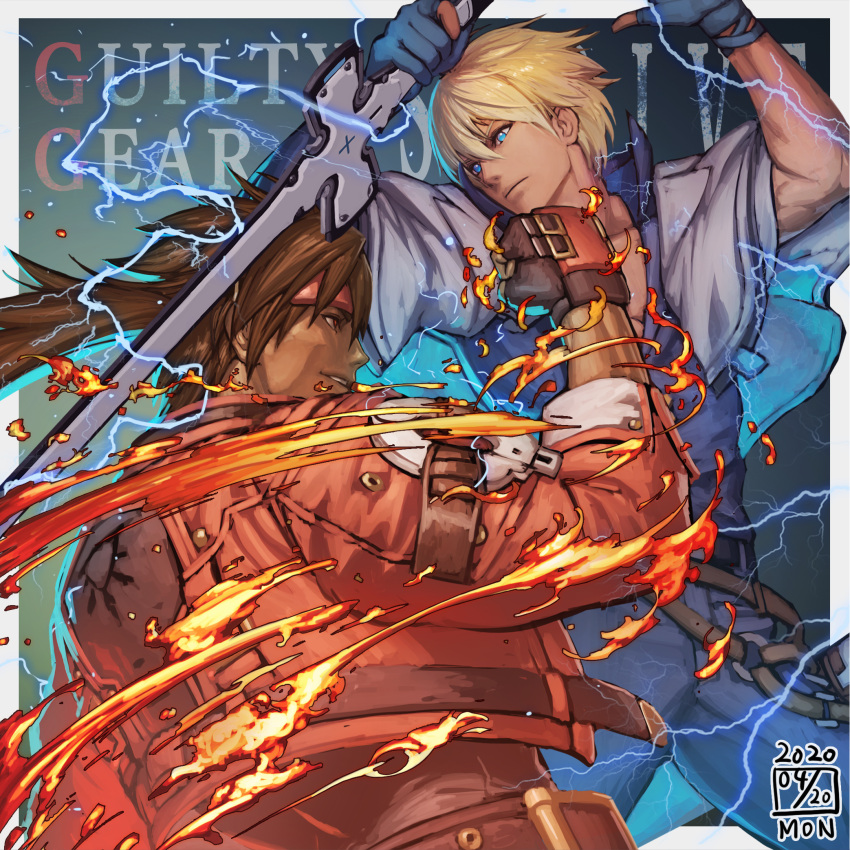 2boys arms_up bare_pecs battle belt black_gloves blonde_hair blue_eyes brown_gloves brown_hair clenched_hand closed_mouth collarbone copyright_name dated electricity english_text fingerless_gloves fire flame gloves guilty_gear guilty_gear_strive hair_between_eyes headband highres holding holding_sword holding_weapon ikeda_(cpt) ky_kiske long_hair looking_at_another male_focus multiple_boys parted_lips partially_fingerless_gloves pectorals punching red_eyes red_headband sleeves_rolled_up smile sol_badguy solo sword weapon