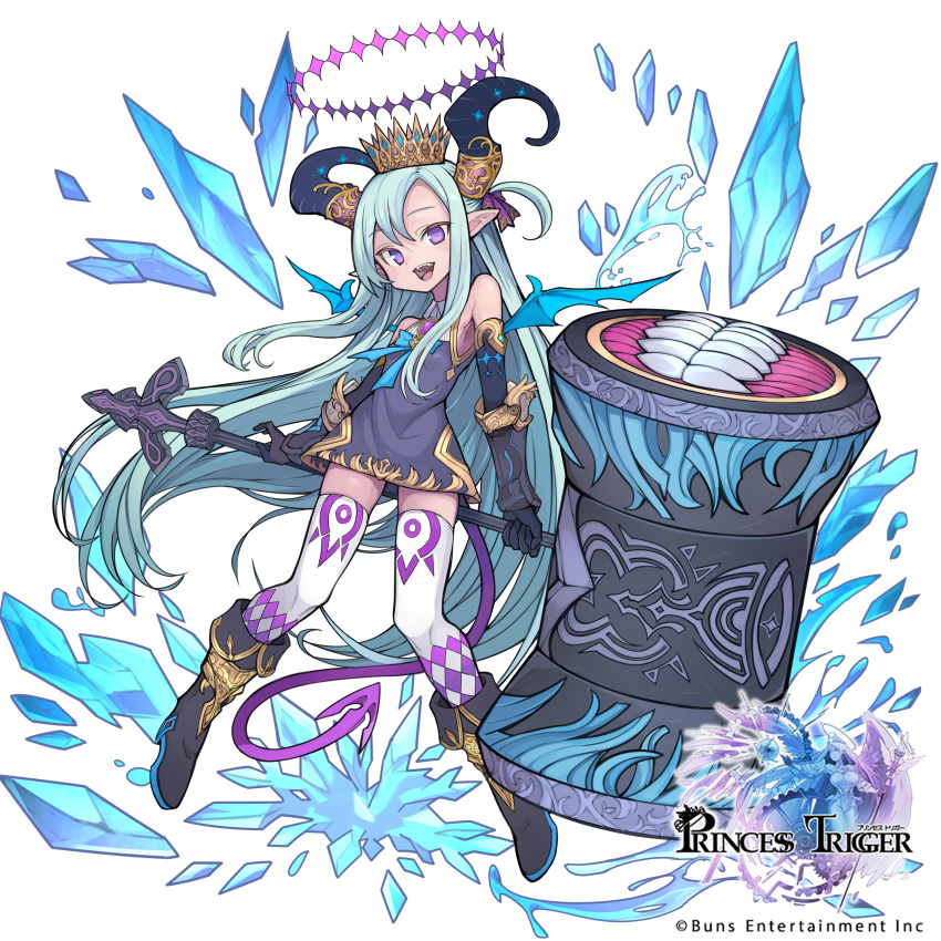 1girl absurdres aqua_hair armor bare_shoulders black_footwear black_gloves blue_bow bow clenched_teeth copyright_name crown demon_wings elbow_gloves eyebrows_visible_through_hair gloves halo hammer highres holding holding_hammer holding_weapon horn_ornament horn_ring horns huge_weapon ice izayoi_cha mini_wings official_art open_mouth pointy_ears princess_trigger smile solo teeth thigh-highs tongue upper_teeth vambraces violet_eyes water weapon white_background white_legwear wings