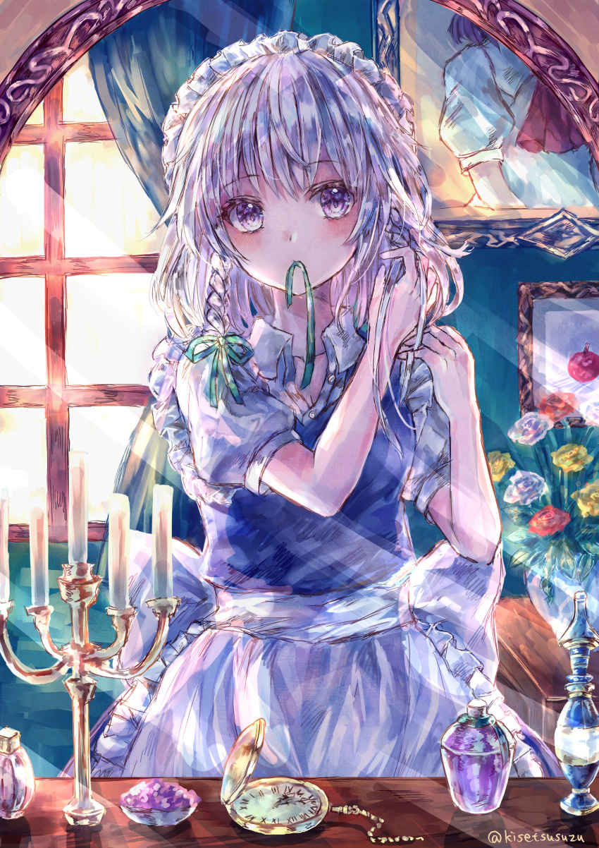 1girl absurdres against_mirror alternate_eye_color apron artist_name blue_dress blush bottle bouquet bow braid braiding_hair candle candlestand cowboy_shot dress dressing flower frilled_apron frills green_ribbon hair_ribbon hairdressing headdress highres huge_filesize indoors izayoi_sakuya light_purple_eyes light_rays locker locker_room looking_at_mirror maid maid_headdress medium_hair mirror mouth_hold painting_(object) perfume_bottle picture_frame pocket_watch portrait_(object) puffy_short_sleeves puffy_sleeves reflection ribbon ribbon_in_mouth sash shirt short_sleeves silver_hair solo suzushina table touhou twin_braids twitter_username unbuttoned unbuttoned_shirt vanity_table vase violet_eyes waist_apron watch white_apron white_bow white_sash white_shirt window