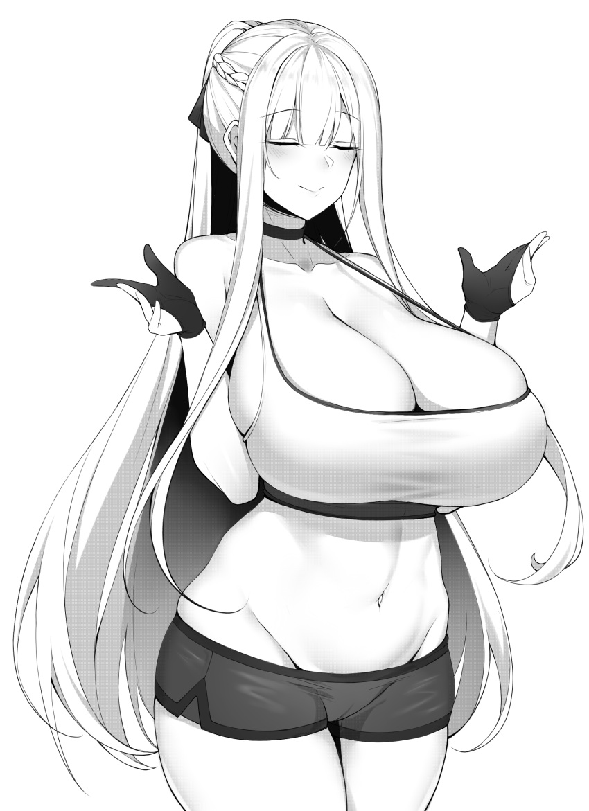 ak-12_(girls_frontline) breasts chixiao cleavage closed_eyes gloves hand_up huge_breasts monochrome short_shorts shorts smile tank_top