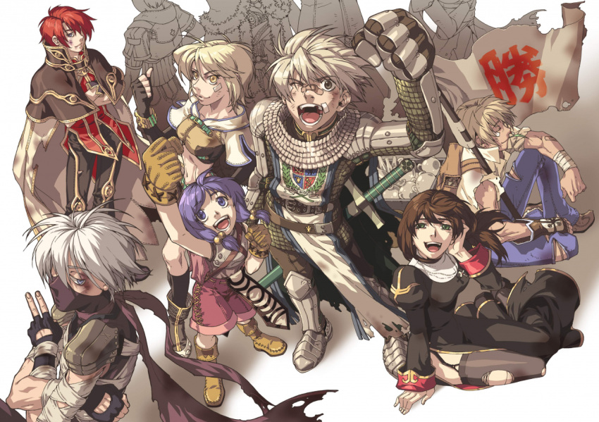 3girls 4boys after_battle arm_up armor armored_boots assassin_(ragnarok_online) backpack bag bandages bandaid bandaid_on_arm bandaid_on_cheek bandaid_on_nose bangs belt black_dress black_gloves black_pants blacksmith_(ragnarok_online) blonde_hair blue_eyes boots bottle breastplate breasts broken_tooth brown_belt brown_capelet brown_eyes brown_footwear brown_gloves brown_hair brown_legwear brown_pants brown_shirt bruise bruise_on_face cape cart chainmail clenched_hand closed_eyes closed_mouth collarbone crop_top cross cross_necklace crossed_arms dress emblem eyebrows_visible_through_hair flag from_above full_body garter_straps gauntlets glass_bottle gloves green_eyes hair_between_eyes holding holding_flag hunter_(ragnarok_online) injury jewelry juliet_sleeves knight_(ragnarok_online) long_hair long_sleeves looking_at_viewer medium_breasts medium_hair midriff multiple_boys multiple_girls myung-jin_lee navel necklace ninja_mask novice_(ragnarok_online) official_art one_eye_closed open_mouth pants parted_bangs parted_lips pauldrons pink_shorts platinum_blonde_hair priest_(ragnarok_online) puffy_sleeves purple_hair ragnarok_online red_scarf redhead scarf scratches shirt short_hair short_sleeves shorts shoulder_armor sidelocks simple_background sitting sleeveless sleeveless_shirt socks standing sword tabard teeth torn_clothes torn_legwear torn_pants translated victory violet_eyes weapon white_background white_cape white_hair white_shirt wizard_(ragnarok_online) yellow_eyes yellow_shirt