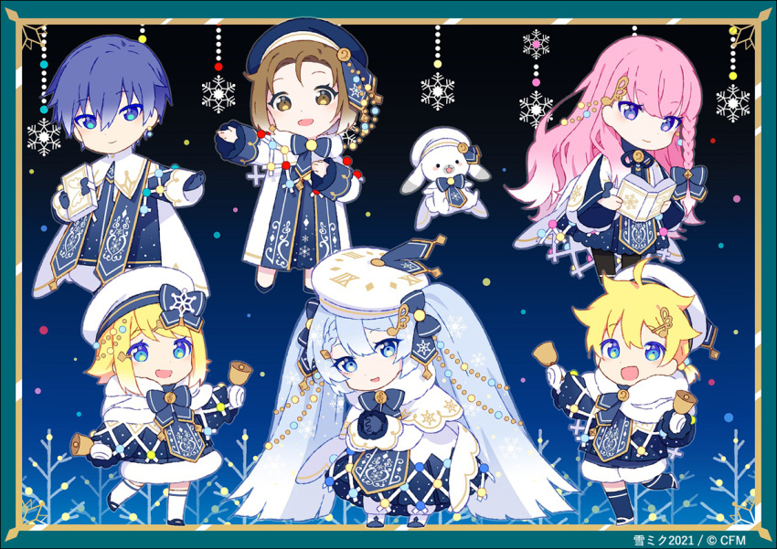 1other 2boys 4girls bangs bass_clef bell beret blonde_hair blue_bow blue_dress blue_eyes blue_gloves blue_hair blue_headwear blunt_bangs book bow braid brown_eyes brown_hair capelet chibi christmas_lights clock_print commentary crypton_future_media dress framed_image fur-trimmed_capelet fur_trim gloves gold_trim hair_bow hair_ornament hairclip hakusai_(tiahszld) hand_on_own_chest hands_together hat hat_bow hatsune_miku holding holding_bell holding_book kagamine_len kagamine_rin kaito light_blue_eyes light_blue_hair looking_at_viewer megurine_luka meiko multiple_boys multiple_girls night official_art open_book outstretched_arm piapro pink_hair rabbit_yukine roman_numerals short_hair smile snowflake_print snowflakes treble_clef_hair_ornament tree twintails violet_eyes vocaloid white_capelet white_dress white_headwear yuki_kaito yuki_len yuki_luka yuki_meiko yuki_miku yuki_miku_(2021) yuki_rin