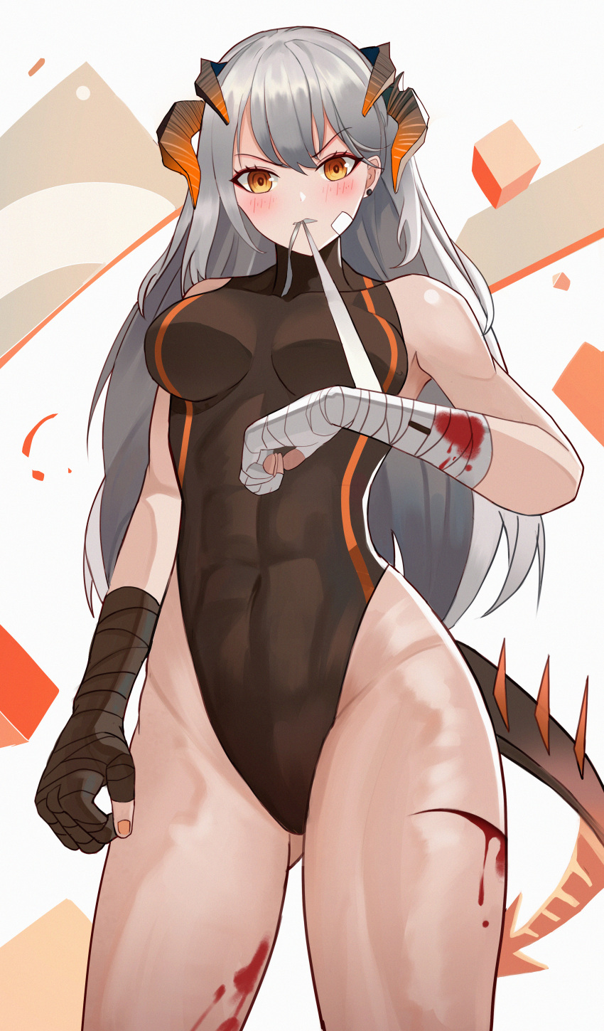 1girl abs absurdres arknights ass_visible_through_thighs bandaged_arm bandages bangs bare_shoulders black_leotard blush commentary_request cowboy_shot earrings eyebrows_visible_through_hair groin he_c92 highres horns huge_filesize jewelry leotard long_hair orange_eyes saria_(arknights) silver_hair solo standing stud_earrings teeth_hold thighs