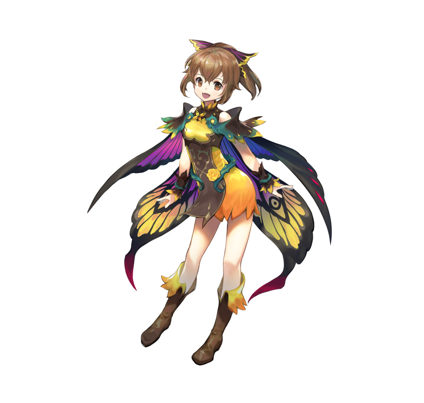 1girl absurdres alternate_costume artist_request bangs bare_shoulders boots breasts brown_eyes brown_footwear brown_hair cape commentary_request delthea_(fire_emblem) dress fang fire_emblem fire_emblem_echoes:_shadows_of_valentia fire_emblem_heroes flower full_body gradient gradient_clothes hair_ornament highres knee_boots long_hair looking_at_viewer official_art open_mouth shiny shiny_hair short_dress simple_background sleeveless sleeveless_dress small_breasts smile solo thorns tied_hair white_background wrist_cuffs
