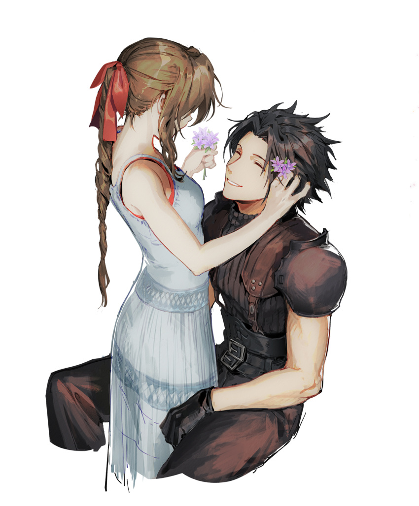 1boy 1girl aerith_gainsborough armor black_gloves black_hair black_pants black_shirt braid braided_ponytail breasts brown_hair closed_eyes commentary cowboy_shot crisis_core_final_fantasy_vii dress english_commentary final_fantasy final_fantasy_vii flower gloves grin hair_flower hair_ornament hair_ribbon highres holding holding_flower invisible_chair long_hair looking_at_another medium_breasts pants ribbed_shirt ribbon shirt short_hair shoulder_armor simple_background sitting sleeveless sleeveless_dress smile sophie_(693432) spiky_hair white_background white_dress zack_fair