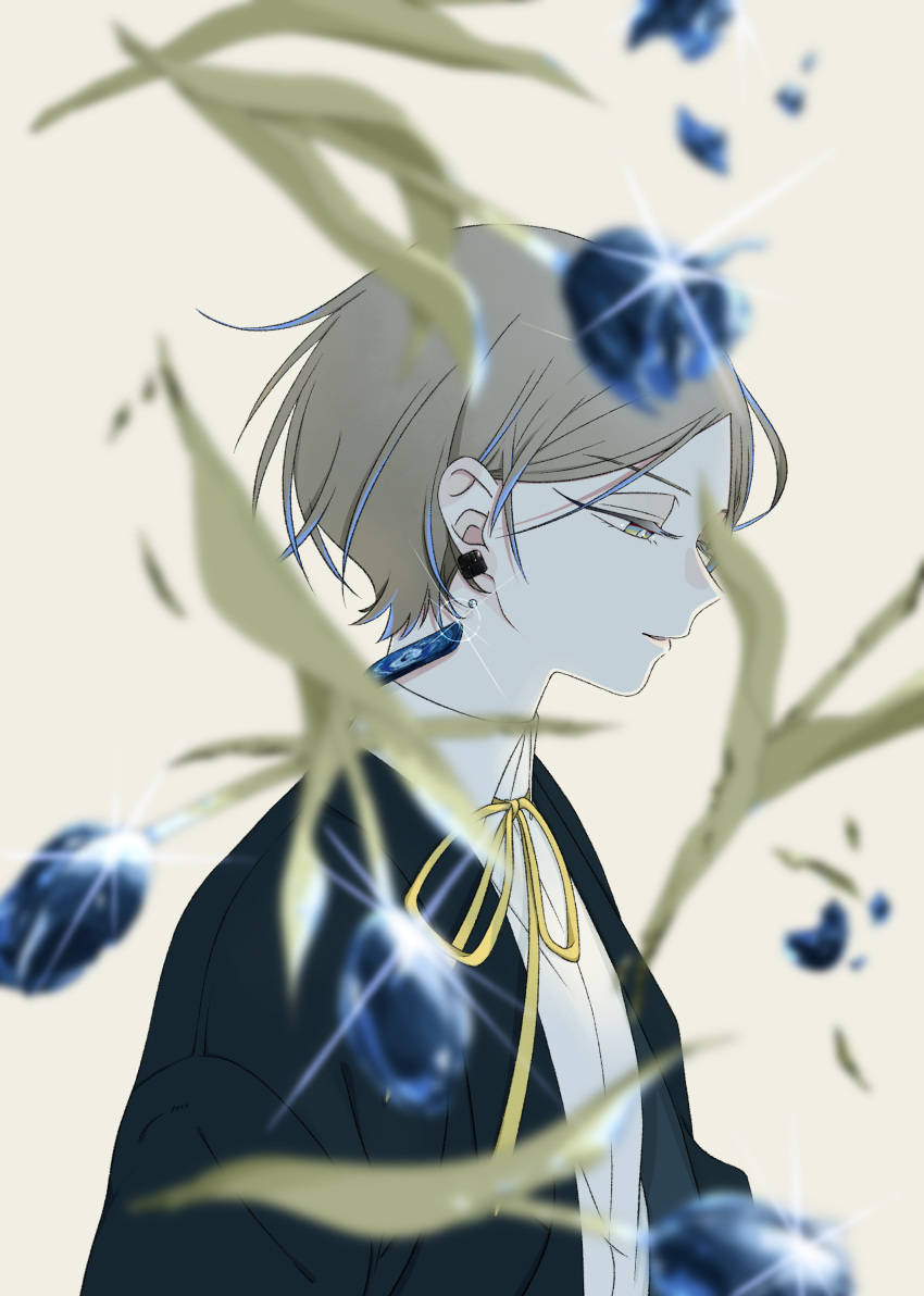 1girl absurdres blue_menouu blurry_foreground brown_hair collared_shirt earrings glint half-closed_eyes highres jewelry leaf original profile ribbon shirt short_hair solo tan_background white_shirt yellow_neckwear yellow_ribbon