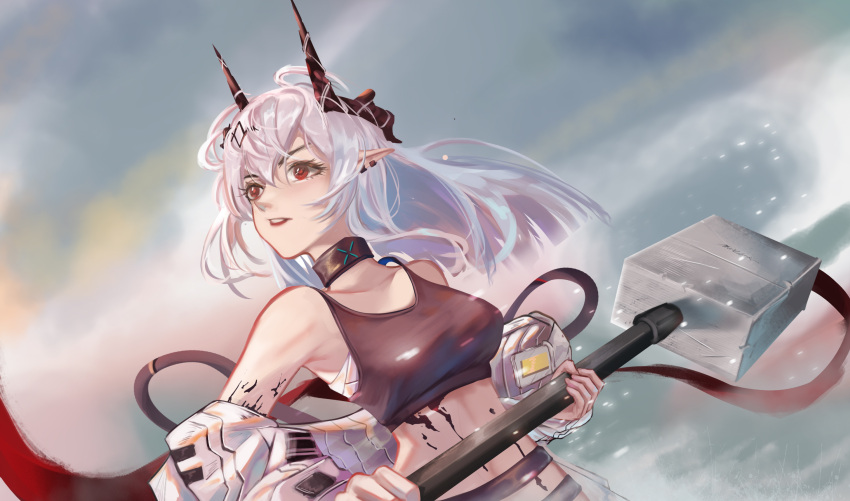 1girl a_zhendechibuxiale arknights bangs bare_shoulders black_choker breasts chinese_commentary choker commentary_request crop_top hair_between_eyes hammer highres holding holding_hammer holding_weapon horns long_hair medium_breasts midriff mudrock_(arknights) oripathy_lesion_(arknights) pointy_ears red_eyes sarashi silver_hair solo sports_bra stomach upper_body weapon