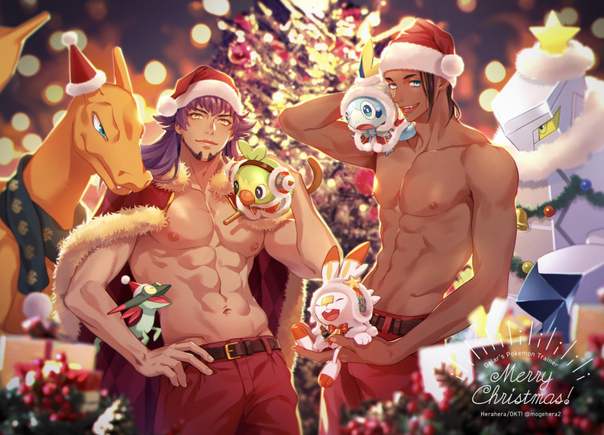 2boys abs alternate_costume artist_name bangs belt blue_eyes blurry cape charizard christmas closed_mouth clothed_pokemon collarbone commentary_request dark_skin dark_skinned_male duraludon earmuffs earrings facial_hair fur-trimmed_cape fur_trim gen_1_pokemon gen_8_pokemon grookey hand_on_hip hat highres jewelry leon_(pokemon) long_hair looking_at_viewer male_focus merry_christmas moge-hera multiple_boys navel nipples pants pokemon pokemon_(creature) pokemon_(game) pokemon_swsh purple_hair raihan_(pokemon) red_cape red_headwear red_pants santa_hat scarf scorbunny shirtless sobble watermark yellow_eyes
