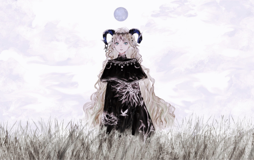 1girl bird black_dress black_horns blue_eyes curled_horns day dress earrings grass highres horns jewelry key keyring long_hair looking_at_viewer original outdoors shirone_(coxo_ii) solo standing wavy_hair white_sky
