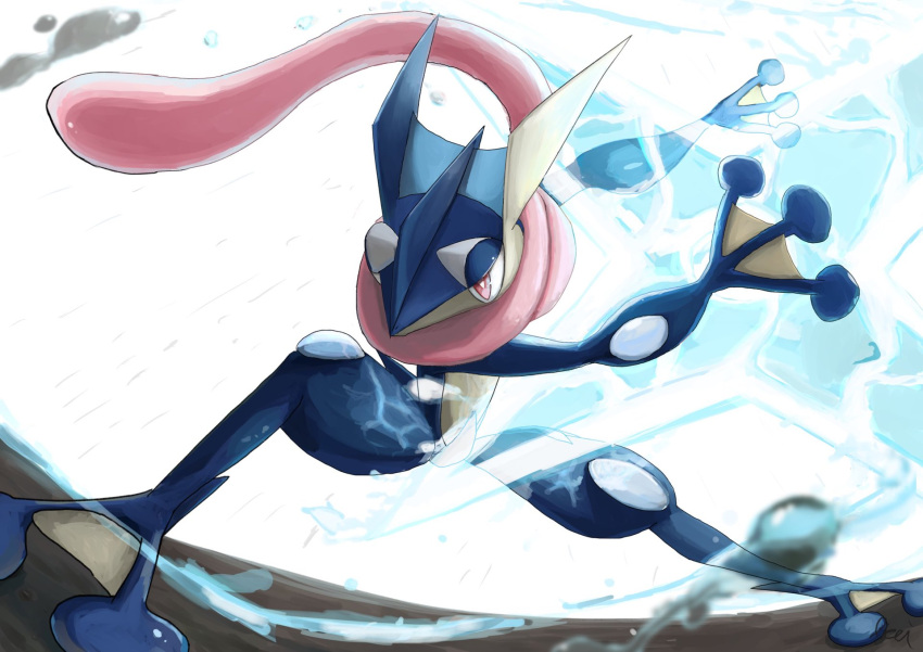 1boy arms_up artist_name commentary_request fisheye full_body furry gen_6_pokemon greninja highres ikei jpeg_artifacts legs_apart long_tongue male_focus outstretched_arms pokemon pokemon_(creature) red_eyes shuriken signature simple_background solo standing tongue tongue_out water white_background