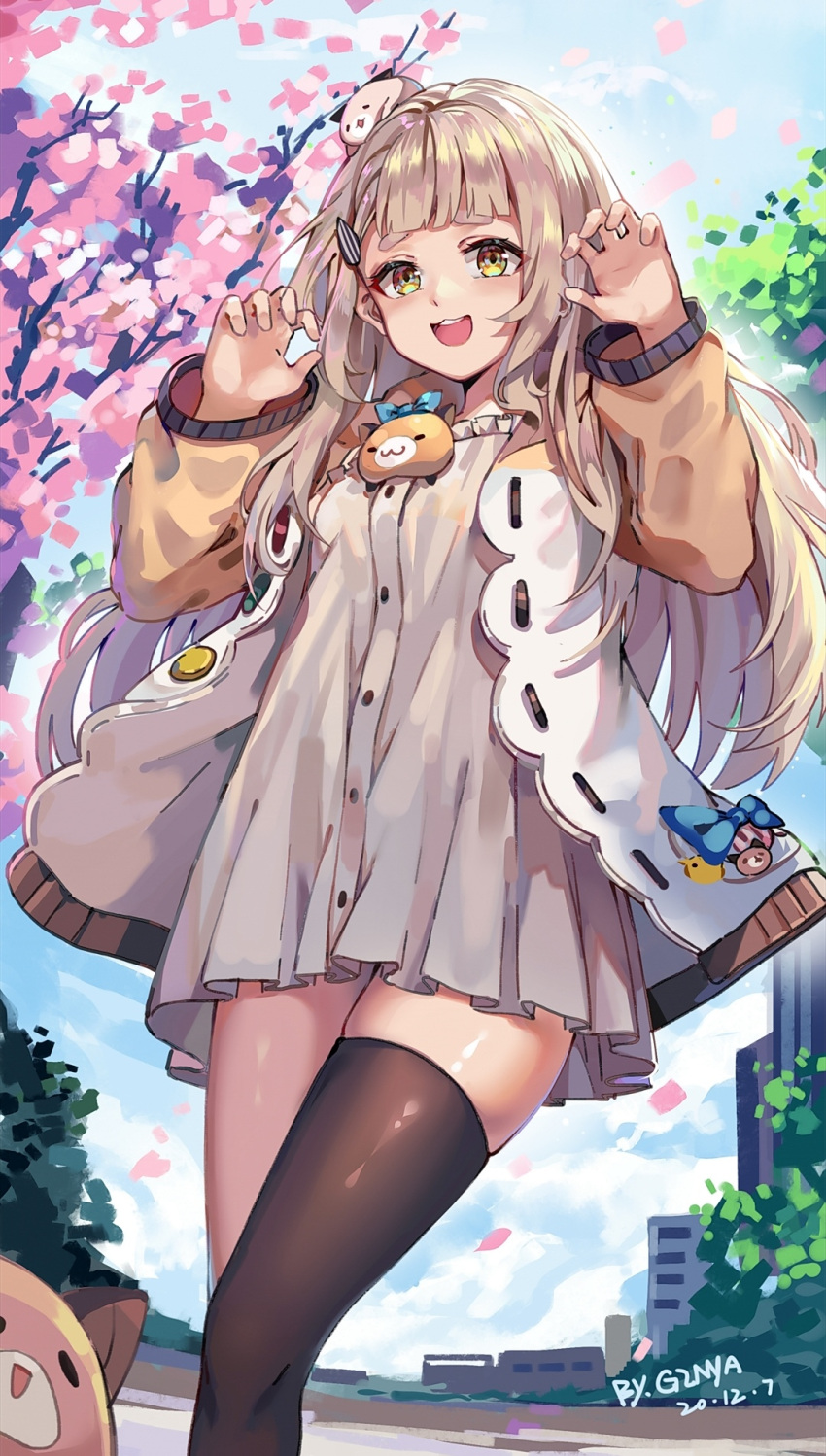 animal_on_head artist_name black_legwear brown_hair commentary_request dated ginyasama gonzalez_(machita_chima) highres jacket long_hair looking_at_viewer machita_chima nijisanji on_head open_mouth single_thighhigh sky thick_eyebrows thigh-highs tree virtual_youtuber yellow_eyes