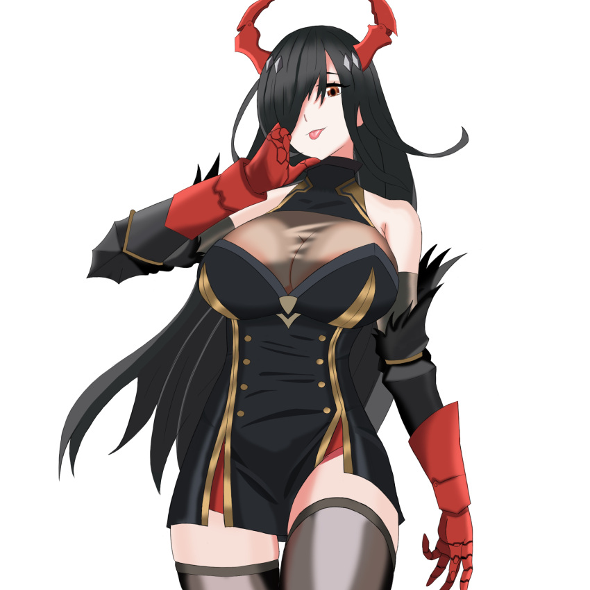 1girl artist_request azur_lane bare_shoulders black_hair breasts brown_eyes cleavage_cutout clothing_cutout detached_sleeves diamond_(shape) double-breasted dress friedrich_der_grosse_(azur_lane) from_below fur_trim gauntlets gloves hair_over_one_eye hand_in_hair highres horn_ornament horns large_breasts long_hair looking_at_viewer mechanical_horns red_gloves red_horns see-through short_dress simple_background skin_tight solo thigh-highs tongue tongue_out white_background zettai_ryouiki