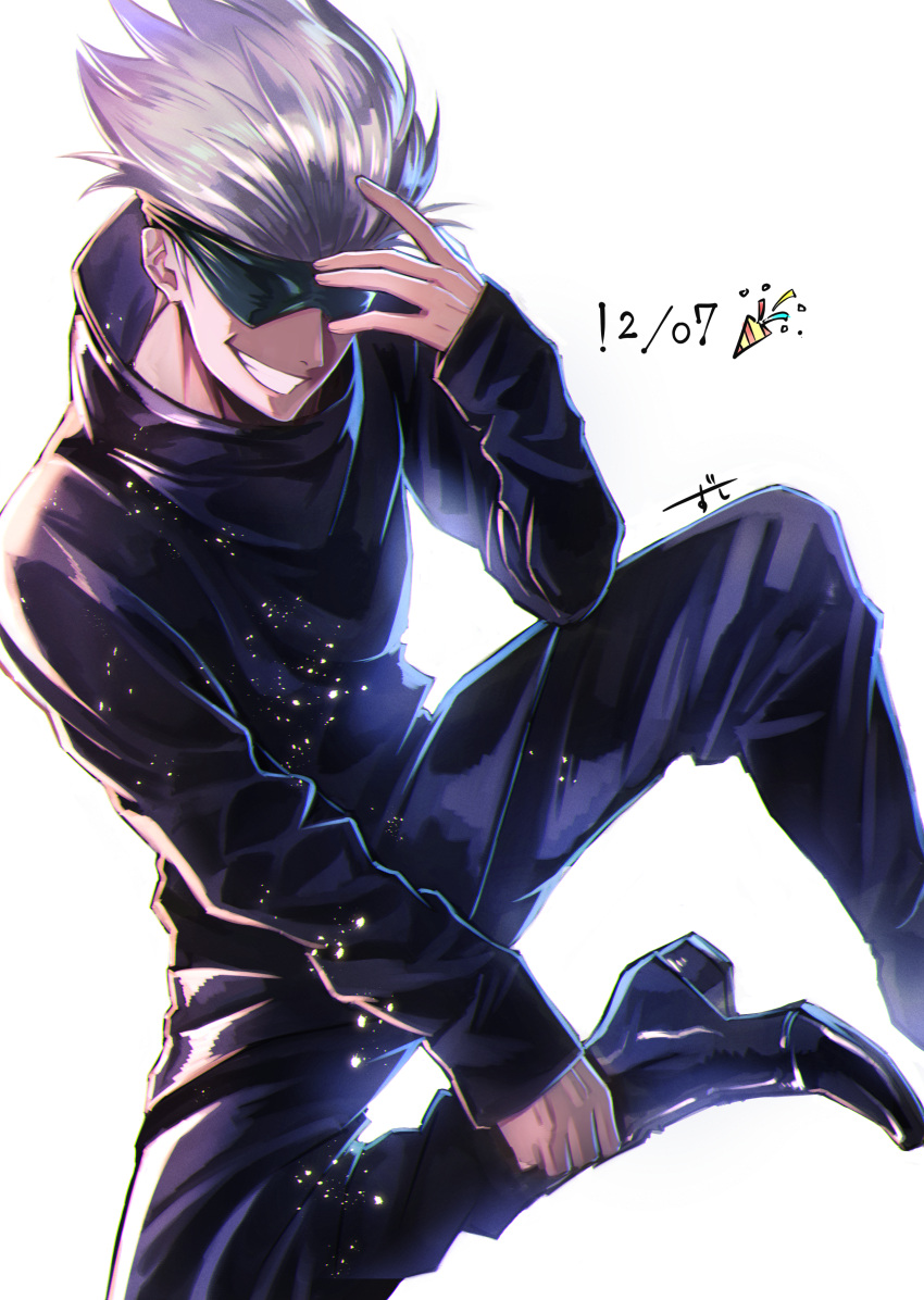 1boy absurdres birthday black_footwear black_jacket black_pants blindfold covered_eyes full_body gojou_satoru grin hand_up high_collar highres jacket jujutsu_kaisen light_particles long_sleeves male_focus pants ripod shoes short_hair simple_background sleeves_past_wrists smile solo white_background white_hair