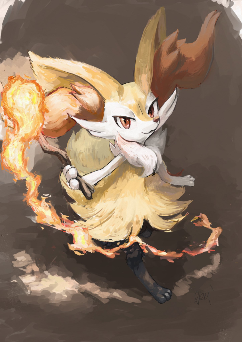 1girl :3 animal_ear_fluff animal_ears artist_name braixen brown_background closed_mouth commentary english_commentary fire fox_ears fox_girl fox_tail from_above full_body furry gen_6_pokemon happy highres holding ikei looking_at_viewer looking_up mixed-language_commentary paws pokemon pokemon_(creature) red_eyes signature simple_background smile solo standing stick tail walking