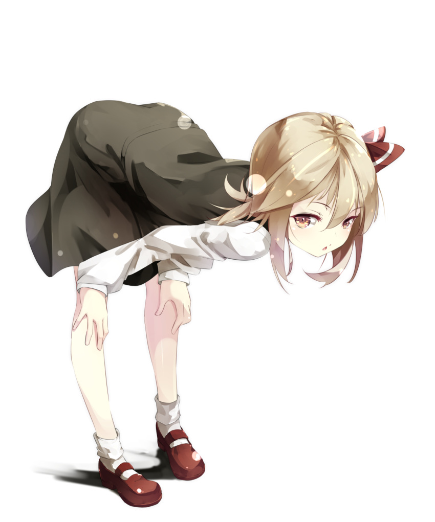 1girl :o arm_support ass bangs bent_over black_dress blonde_hair bobby_socks bow commentary_request dress dress_shirt gorilla_(bun0615) hair_between_eyes hair_bow hair_ribbon hands_on_own_knees highres leaning_forward lens_flare light_blush long_sleeves looking_at_viewer mary_janes red_bow red_footwear ribbon rumia shirt shoes short_hair sidelocks socks solo taut_clothes taut_dress touhou white_background white_shirt yellow_eyes