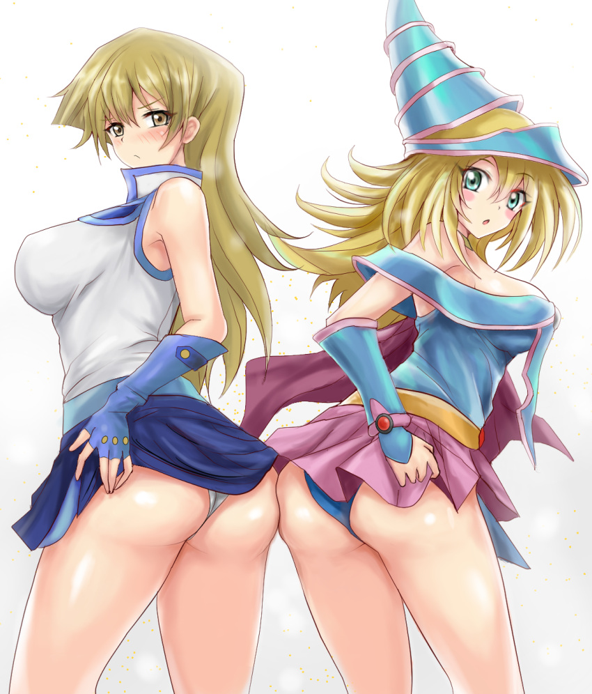 2girls ass bangs bare_shoulders blonde_hair blue_skirt blush blush_stickers breasts commentary_request dark_magician_girl dress duel_academy_uniform_(yu-gi-oh!_gx) duel_monster eyebrows_visible_through_hair fingerless_gloves gloves gradient gradient_background green_eyes hat highres large_breasts lifted_by_self long_hair looking_at_viewer looking_back miniskirt multiple_girls panties r-binon shiny shiny_skin short_dress simple_background skirt sleeveless tenjouin_asuka thighs underwear white_background white_panties wizard_hat yellow_eyes yu-gi-oh! yu-gi-oh!_gx