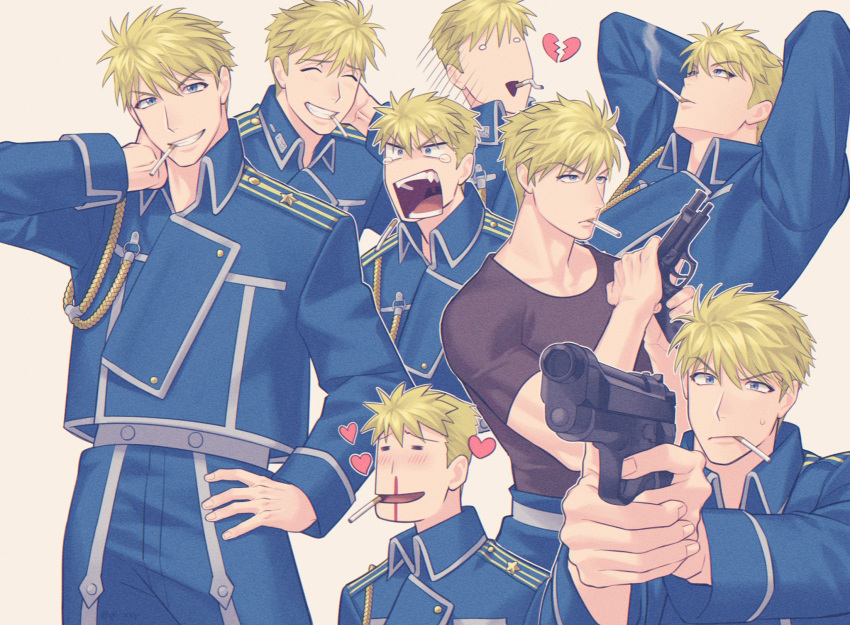 1boy =_= ^_^ aiming amestris_military_uniform arm_behind_head arms_behind_head bangs black_shirt blonde_hair blood blue_eyes blue_jacket blue_pants broken_heart cigarette closed_eyes cowboy_shot expressions eyebrows_visible_through_hair fullmetal_alchemist gi_xxy grin gun hair_between_eyes hand_on_hip handgun heart highres holding holding_gun holding_weapon jacket jean_havoc long_sleeves looking_at_viewer looking_away military military_uniform mouth_hold nosebleed o_o open_mouth pants pistol shirt short_hair short_sleeves simple_background smile sweatdrop teardrop uniform upper_body v-shaped_eyebrows weapon white_background