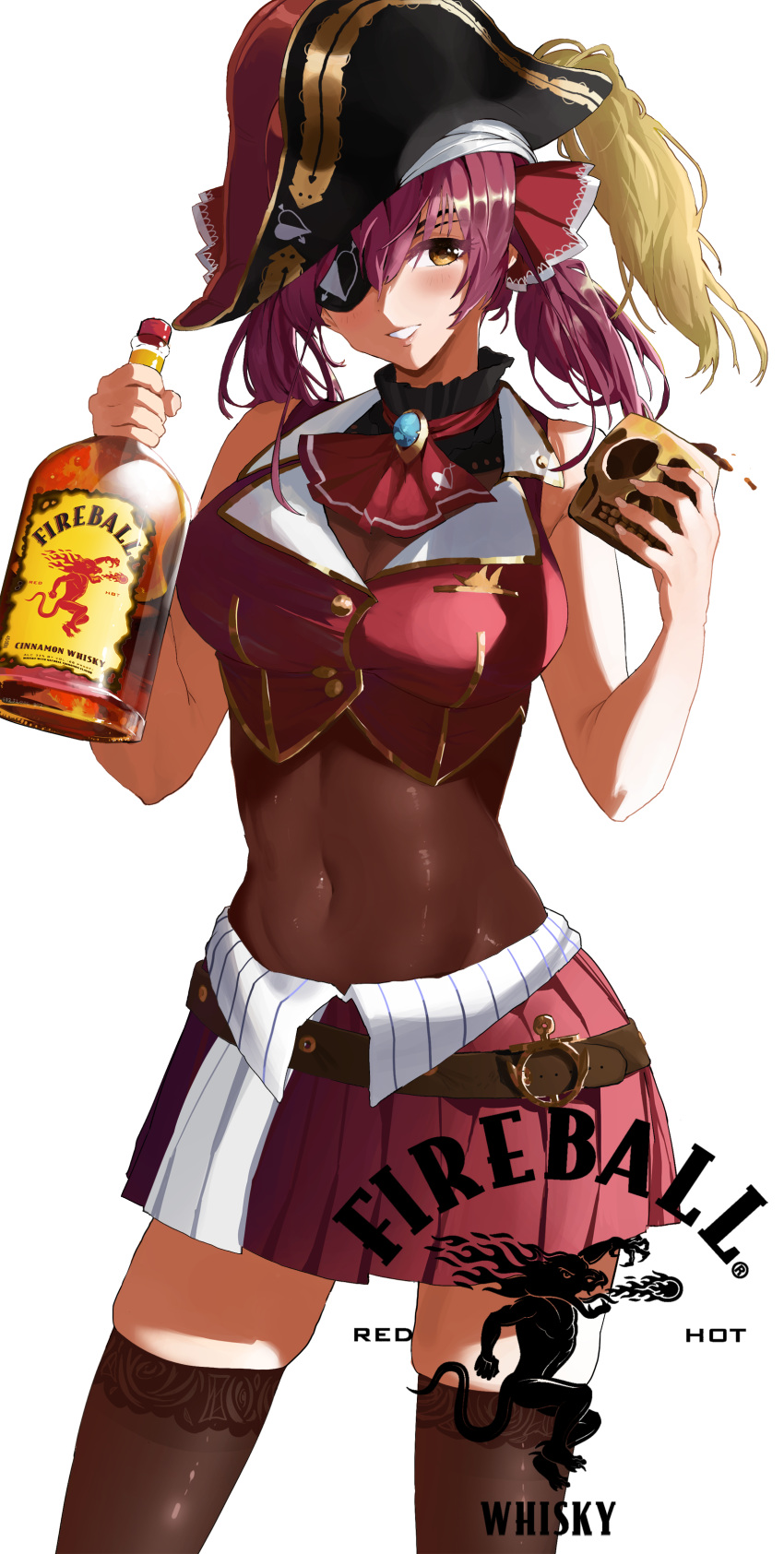 1girl absurdres alcohol belt blush bottle breasts brown_belt covered_navel cup discoshoujo english_commentary eyepatch hat highres holding holding_bottle holding_cup hololive houshou_marine medium_breasts one_eye_covered pirate pirate_hat red_skirt redhead short_twintails skindentation skirt smile solo thigh-highs twintails virtual_youtuber whiskey yellow_eyes