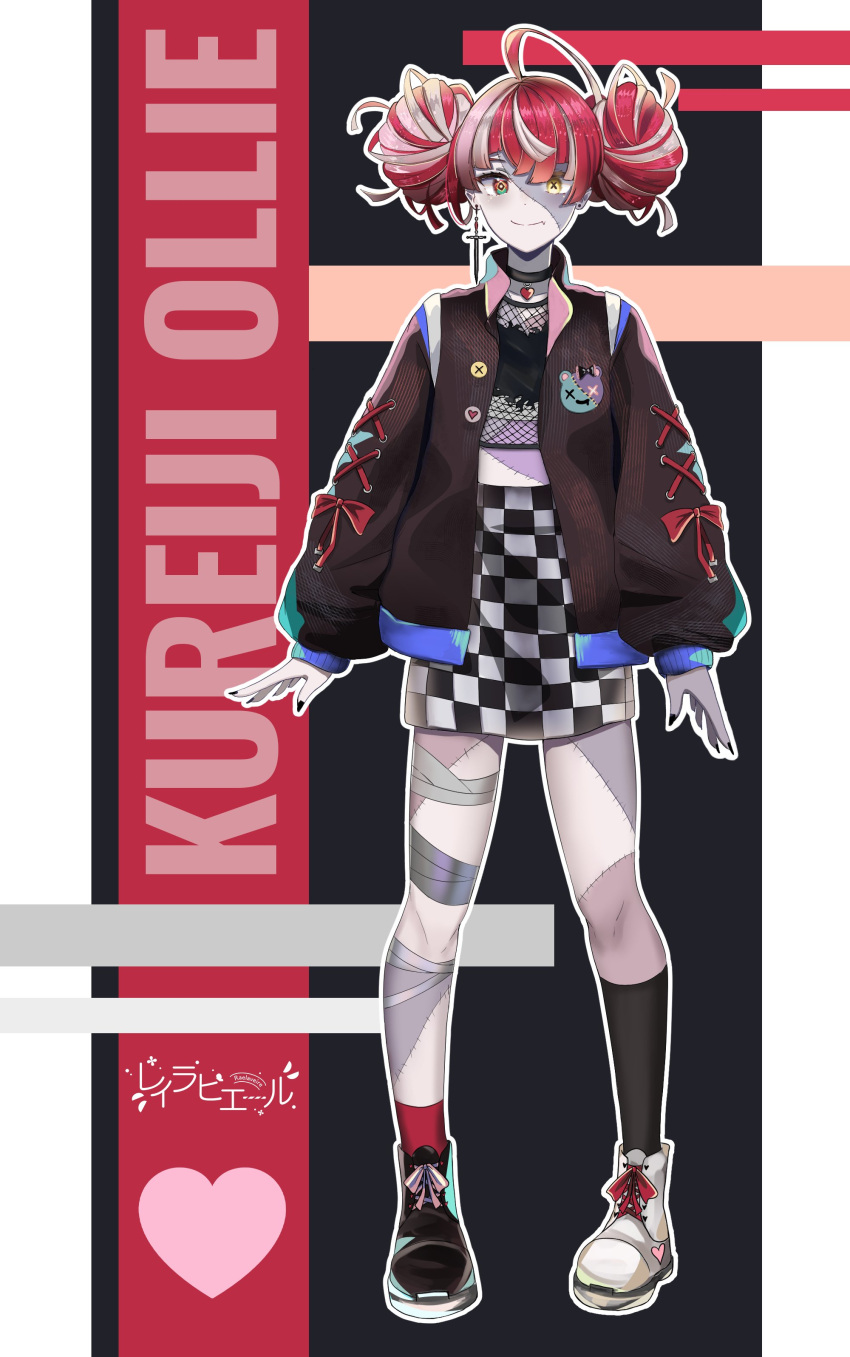 1girl absurdres ahoge alternate_costume bandaged_leg bandages bangs black_nails bomber_jacket character_name checkered checkered_skirt colored_skin double_bun english_commentary fang full_body grey_hair grey_skin heterochromia highres hololive hololive_indonesia jacket jewelry kureiji_ollie mismatched_footwear multicolored_hair pink_hair rae_laviere_(artist) red_eyes redhead single_earring skirt solo standing stitched_face sword_earrings symbol-shaped_pupils yellow_eyes zombie