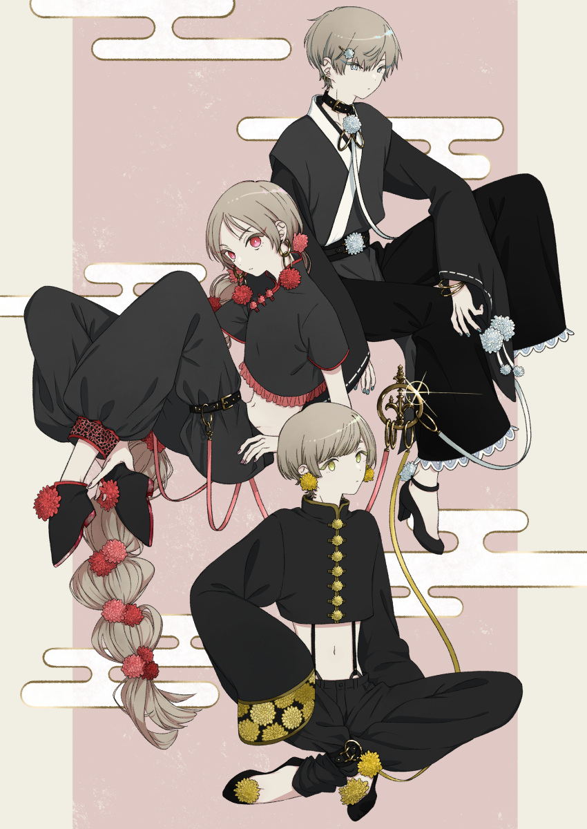 1girl 2boys absurdly_long_hair absurdres baggy_pants bangs black_footwear black_pants blue_menouu chinese_clothes crop_top earrings egasumi flower frilled_shirt frills glint grey_eyes hair_ornament hairclip high_heels highres jewelry knees_up light_brown_hair long_hair looking_at_viewer midriff multi-tied_hair multiple_boys navel original pants pink_background red_eyes red_flower shakujou shirt short_sleeves sitting sleeves_past_fingers sleeves_past_wrists staff suspenders swept_bangs very_long_hair white_flower wide_sleeves yellow_eyes yellow_flower