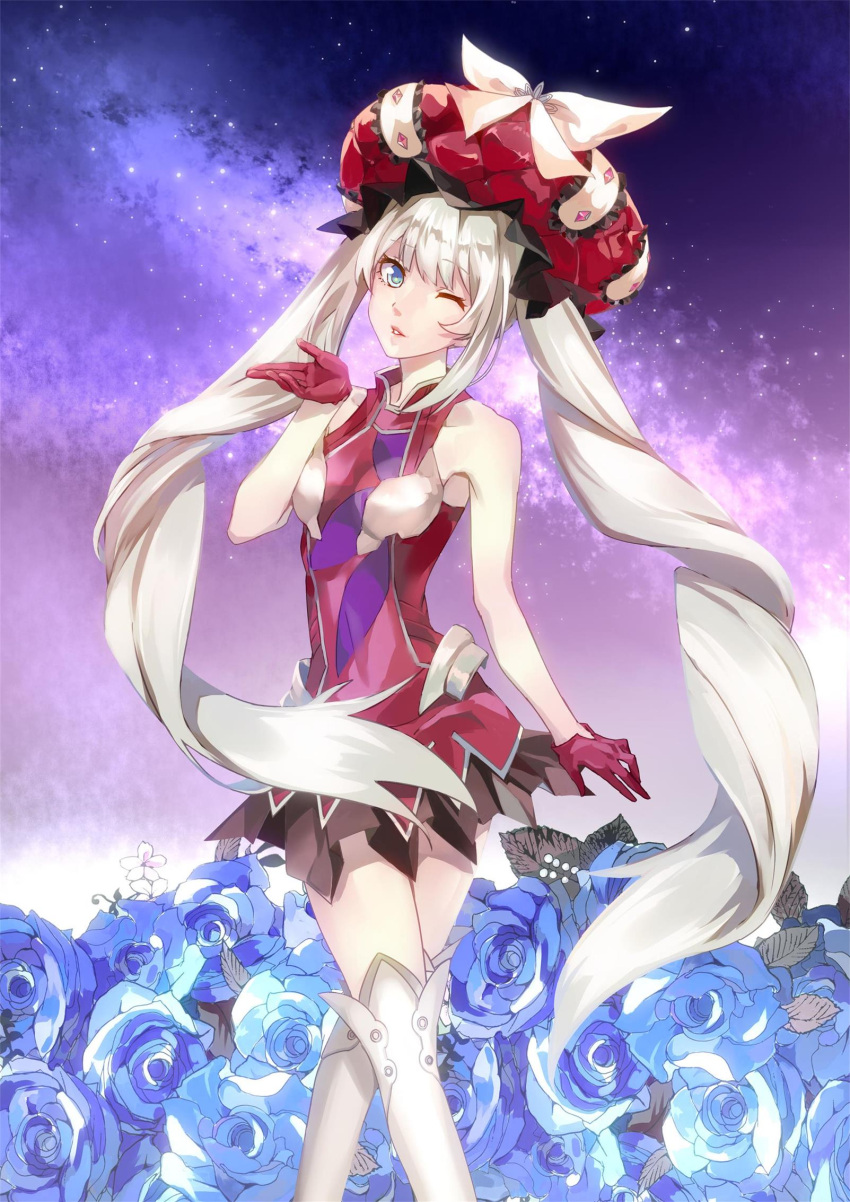 1girl bare_shoulders blown_kiss blue_eyes blue_flower blue_rose boots fate/grand_order fate_(series) flower gloves gouichi hat highres large_hat long_hair marie_antoinette_(fate/grand_order) one_eye_closed open_mouth red_gloves rose silver_hair thigh-highs thigh_boots twintails very_long_hair