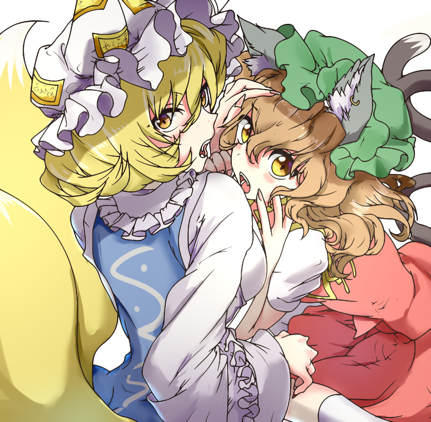 2girls absurdres animal_ear_fluff animal_ears blonde_hair brown_hair cat_tail chen collar commentary_request dress earrings fingernails fox_ears fox_tail frilled_collar frilled_sleeves frills green_headwear hand_on_another's_head hat highres jewelry kitsune kyuubi long_fingernails long_sleeves looking_at_viewer looking_back medium_hair mitaojiu_(wumiaoxiao_mengjiu) mob_cap multiple_girls multiple_tails nekomata open_mouth pillow_hat puffy_short_sleeves puffy_sleeves red_skirt red_vest sharp_fingernails shirt short_hair short_sleeves skirt skirt_set tail tassel touhou vest white_dress white_shirt yakumo_ran yellow_eyes