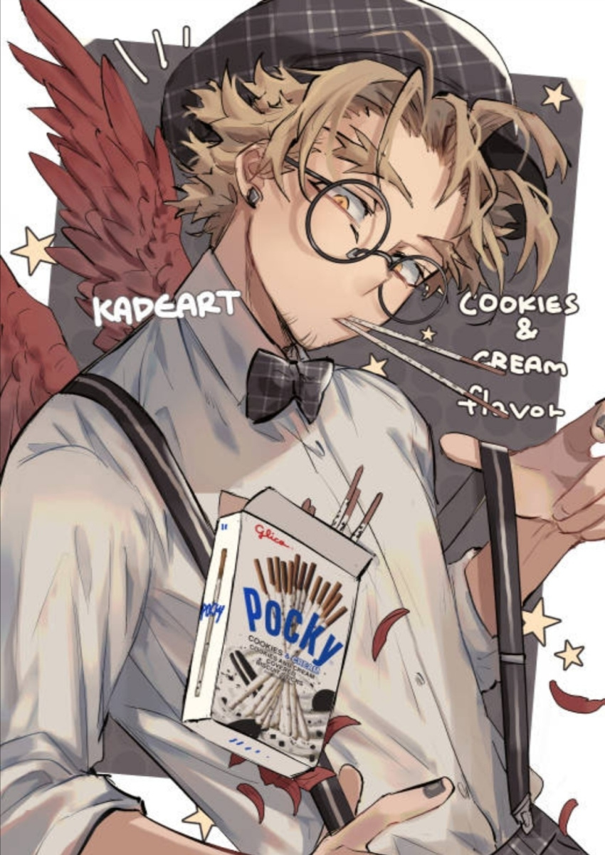 1boy artist_name black_background black_headwear black_nails black_neckwear blonde_hair boku_no_hero_academia bow bowtie collared_shirt dress_shirt earrings english_text facial_hair falling_feathers feathered_wings feathers food glasses hat hawks_(boku_no_hero_academia) highres jewelry kadeart looking_at_viewer male_focus mouth_hold pocky red_wings round_eyewear shirt short_hair sleeves_rolled_up solo spiky_hair star_(symbol) suspenders suspenders_pull two-tone_background upper_body white_background white_shirt wings yellow_eyes