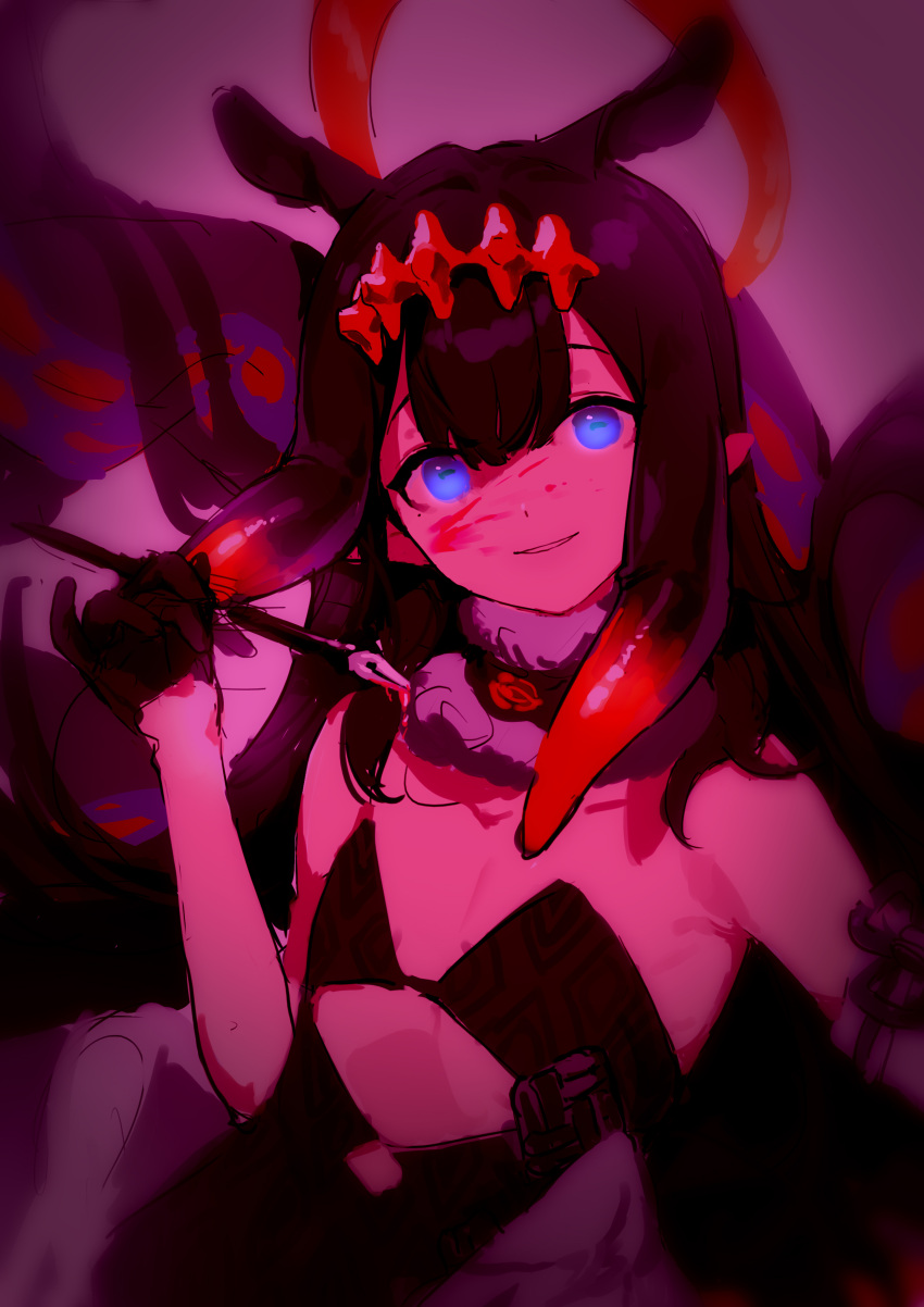 1girl absurdres black_choker black_gloves black_hair blood blood_on_face blue_eyes choker eyebrows_visible_through_hair fur-trimmed_choker gloves glowing glowing_eyes half_gloves halo highres holding holding_pen hololive hololive_english long_hair multicolored multicolored_hair ninomae_ina'nis orange_hair parted_lips patterned patterned_clothing pen shisantian sketch smile solo tentacle_hair tentacles