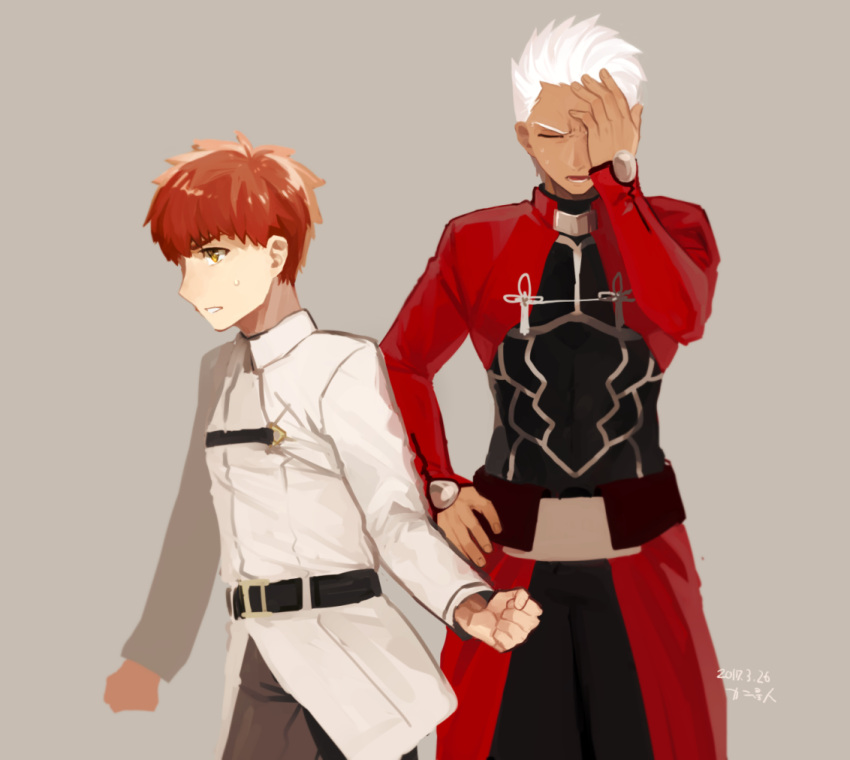 2boys archer belt belt_buckle buckle chaldea_uniform dark_skin dated emiya_shirou facepalm fate/grand_order fate/stay_night fate_(series) from_side grey_background hand_on_hip hand_on_own_face kani_seijin male_focus multiple_boys redhead signature simple_background upper_body what_if white_hair yellow_eyes