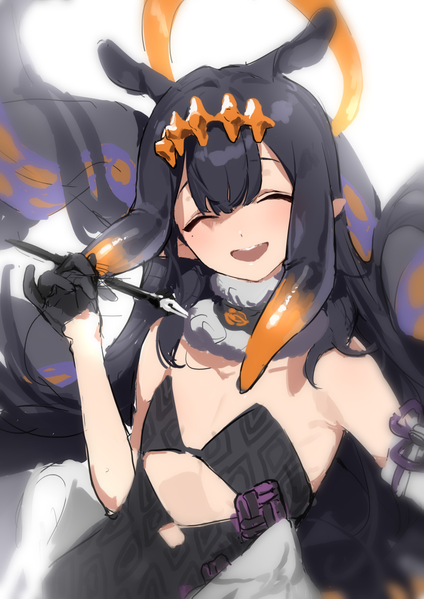 1girl absurdres black_choker black_gloves black_hair blush choker closed_eyes eyebrows_visible_through_hair fur-trimmed_choker gloves half_gloves halo highres holding holding_pen hololive hololive_english long_hair mole mole_under_eye multicolored multicolored_hair ninomae_ina'nis open_mouth orange_hair patterned patterned_clothing pen shisantian sketch smile solo teeth tentacle_hair tentacles upper_teeth