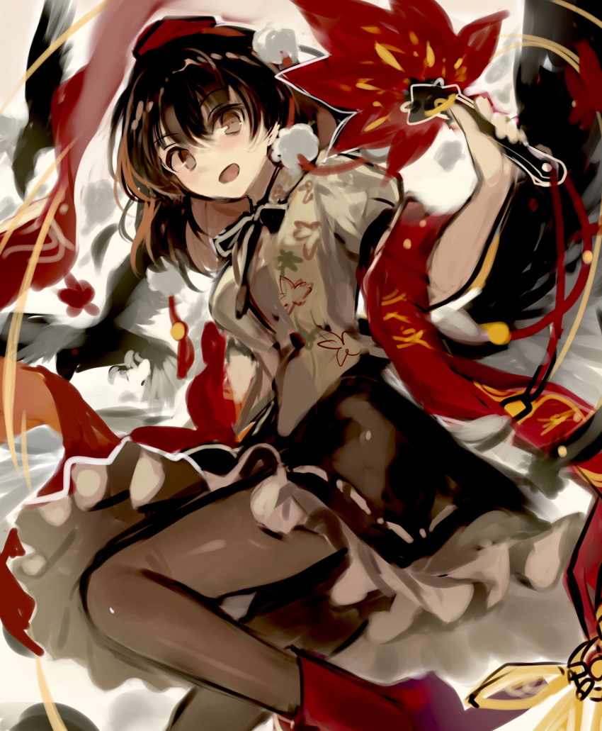 1girl :d animal bangs bird bird_wings black_hair black_ribbon black_skirt black_wings breasts brown_eyes crow fan feathered_wings fuupu grey_legwear hair_between_eyes hat highres holding holding_fan leaf_print maple_leaf_print medium_breasts open_mouth pantyhose pom_pom_(clothes) puffy_short_sleeves puffy_sleeves red_footwear red_headwear ribbon ribbon-trimmed_clothes ribbon-trimmed_skirt ribbon_trim shameimaru_aya short_sleeves skirt smile solo tokin_hat touhou wings