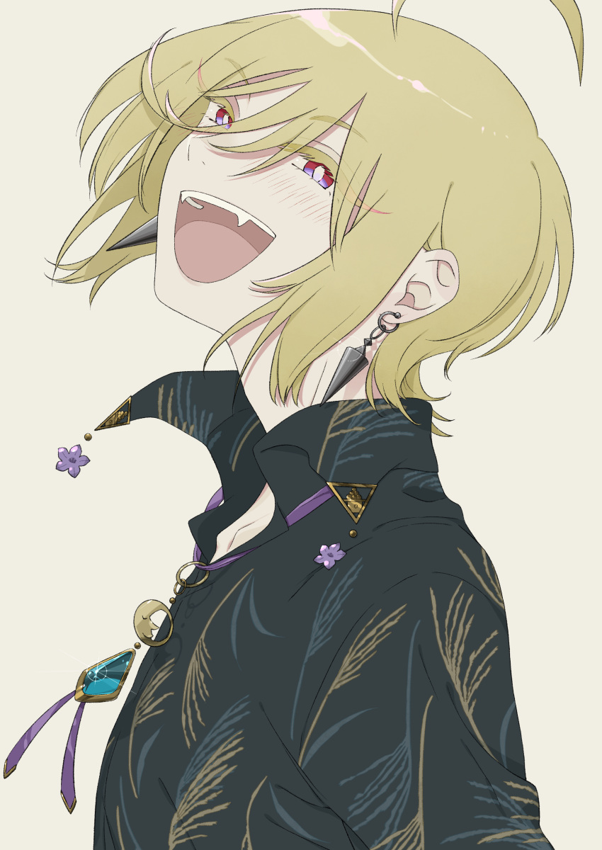 1boy absurdres ahoge black_shirt blonde_hair blue_menouu blush collared_shirt earrings eyebrows_visible_through_hair fangs highres jewelry looking_at_viewer open_mouth original print_shirt red_eyes shirt short_hair simple_background smile solo tan_background upper_body