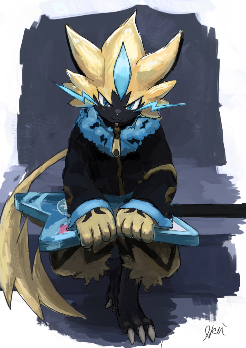 1boy :3 animal_ears artist_name black_coat blue_eyes blush border bottomless cat_boy cat_ears cat_tail claws closed_mouth clothed_pokemon coat commentary electric_guitar english_commentary full_body fur_collar furry gen_7_pokemon grey_background guitar happy highres holding ikei instrument jpeg_artifacts legendary_pokemon light_blush lightning_bolt lightning_bolt_print long_sleeves looking_at_viewer male_focus mixed-language_commentary mythical_pokemon paws pokemon pokemon_(creature) signature sitting smile solo tail whiskers white_border zeraora zipper_pull_tab