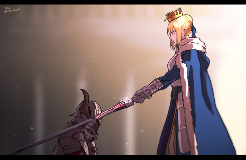 2girls ahoge applechoc armor artoria_pendragon_(all) bangs blonde_hair cape clarent crown fate/apocrypha fate/stay_night fate_(series) from_side highres horns kneeling knighting looking_at_another mordred_(fate) mordred_(fate)_(all) multiple_girls ribbon saber signature sunlight sword twitter_username weapon